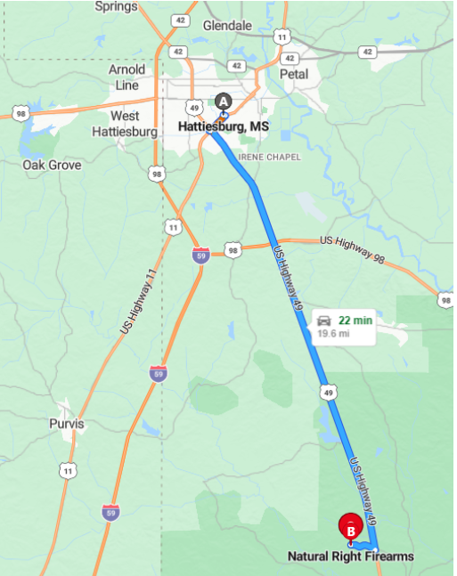 Map from Hattiesburg to Natural Right Firearms